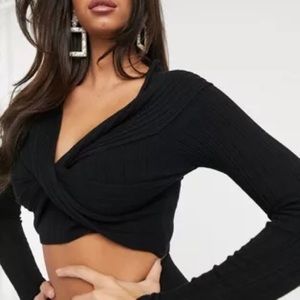 4th + Reckless knitted wrap front off shoulder top in black